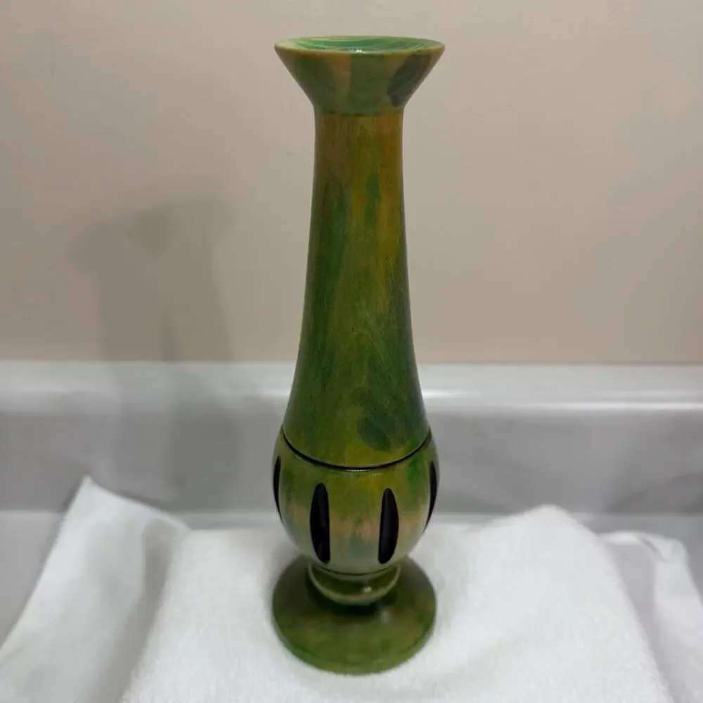 Vintage Hand-Turned Solid Maple Bud Vase Green Dye Signed GEW Glass Insert OOAK